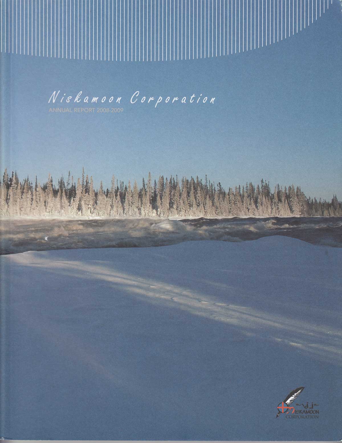 Cover of the Niskamoon Corporation 2008–2009 Annual Report, featuring a snowy landscape with a frozen river and a line of trees under a blue sky. The Niskamoon Corporation logo appears in the bottom right corner.