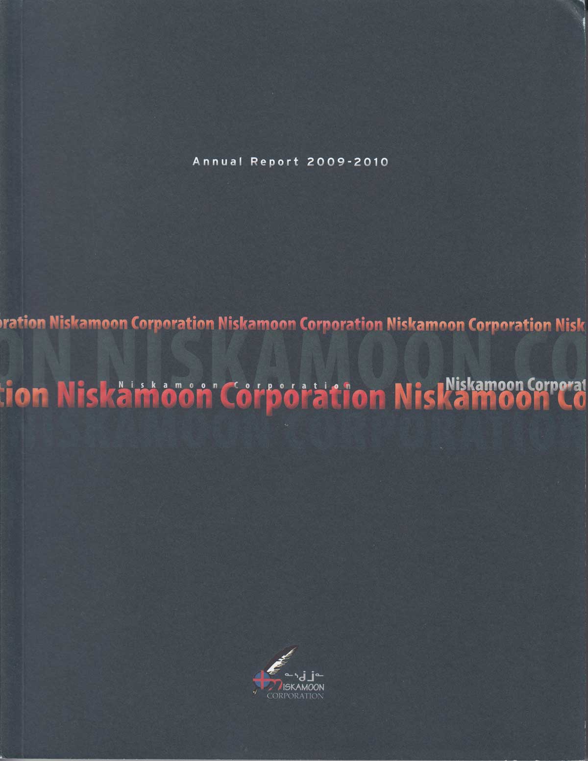Dark blue cover of the Niskamoon Corporation Annual Report 2009-2010, with the corporation's name repeated in orange and white text. The Niskamoon Corporation logo appears at the bottom, marking the 2010 Annual Report.