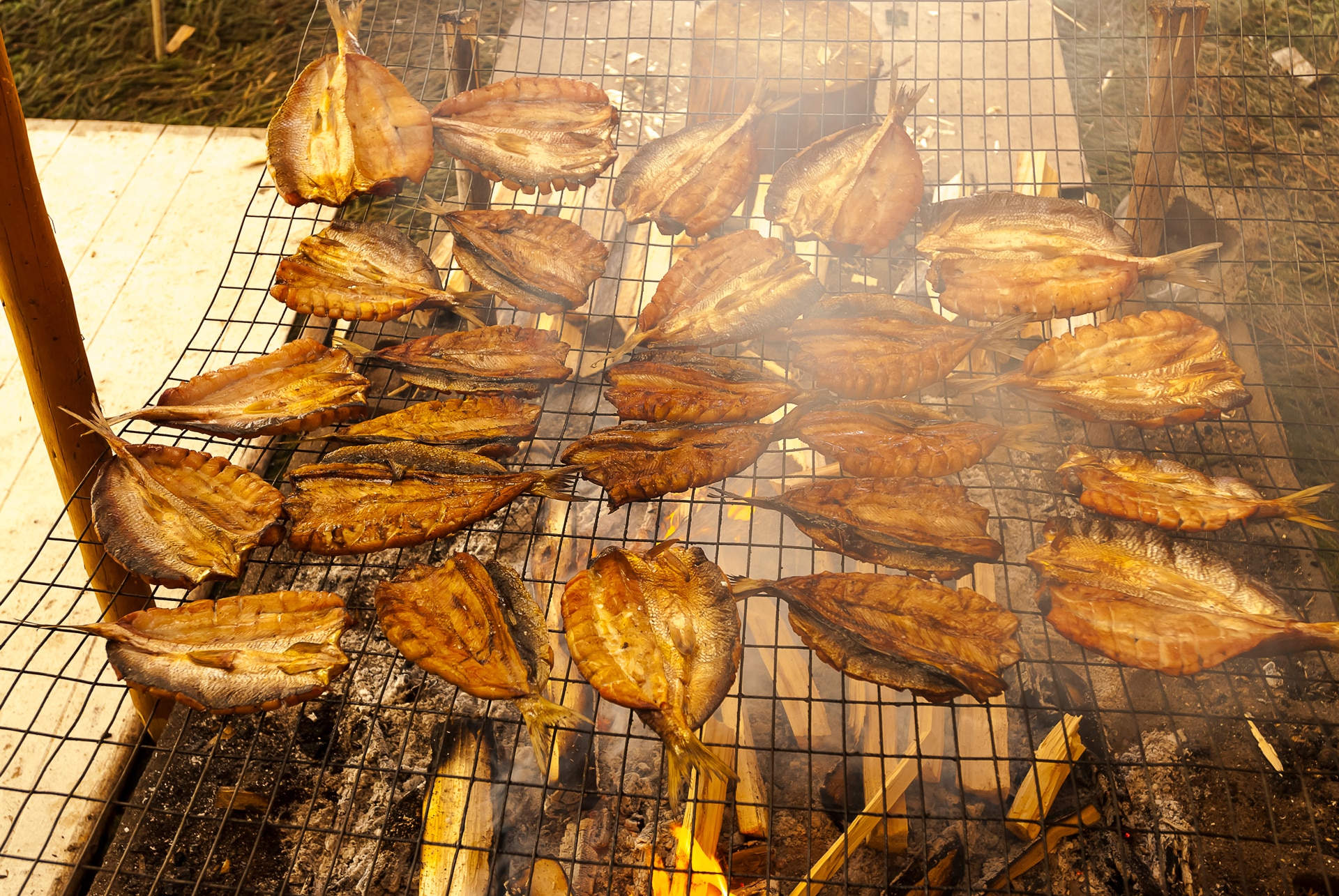 Dozens of split and gutted fish are arranged on a metal grill over an open fire, with smoke rising around them. As part of local outdoor programmes, the fish’s golden-brown skin shows they are perfectly grilled and cooking.