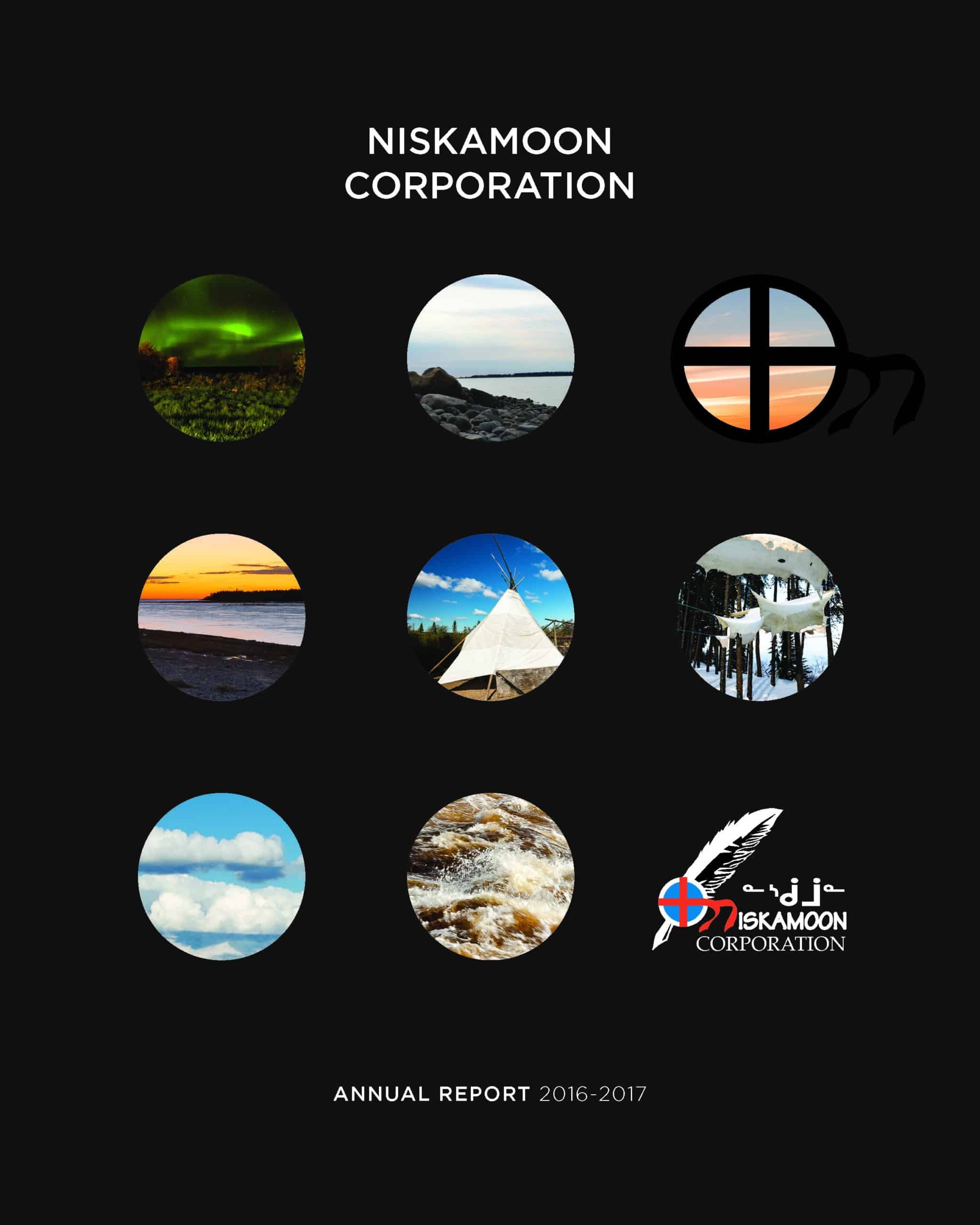 Cover of the Niskamoon Corporation 2016–2017 Annual Report featuring a black background, nine circular photos of nature and cultural scenes, and the Niskamoon Corporation logo with a feather.