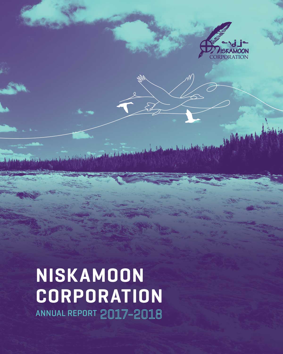 Cover of the Niskamoon Corporation 2017-2018 Annual Report, featuring a stylised drawing of birds flying over water with a forest and cloudy sky in the background. The logo appears in the top right corner.