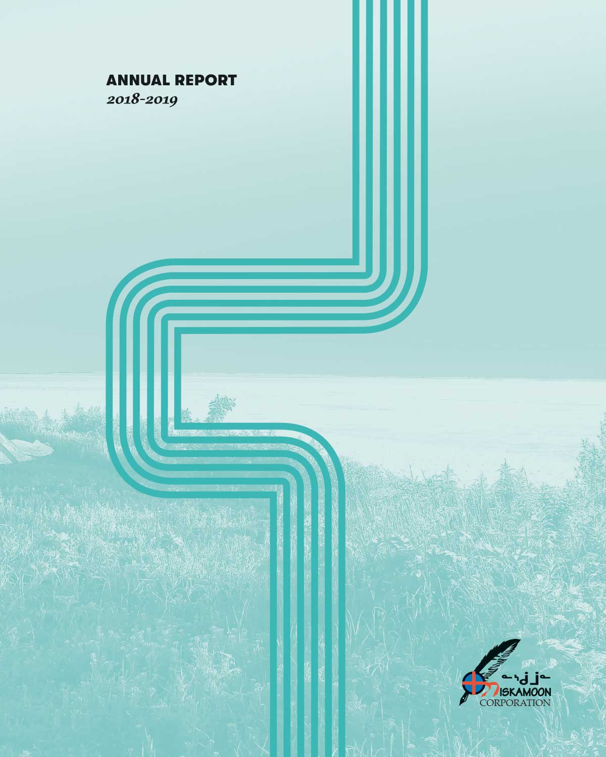 Annual Report cover for 2018–2019 featuring a light blue background, abstract curved teal lines, landscape illustration, and the Iskmoon Corporation logo with a feather and text in English and Inuktitut.