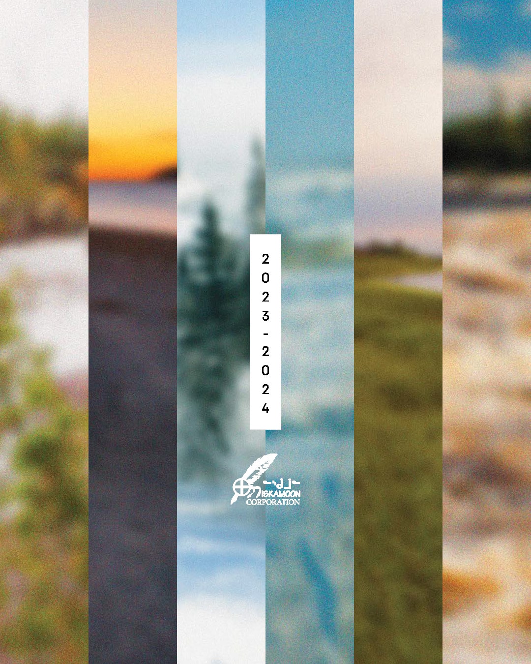 Vertical strips of blurry nature scenes frame a white rectangle in the centre displaying "2023-2024" in black text, highlighting the Annual Report. The Hexagon Corporation logo appears beneath the rectangle.