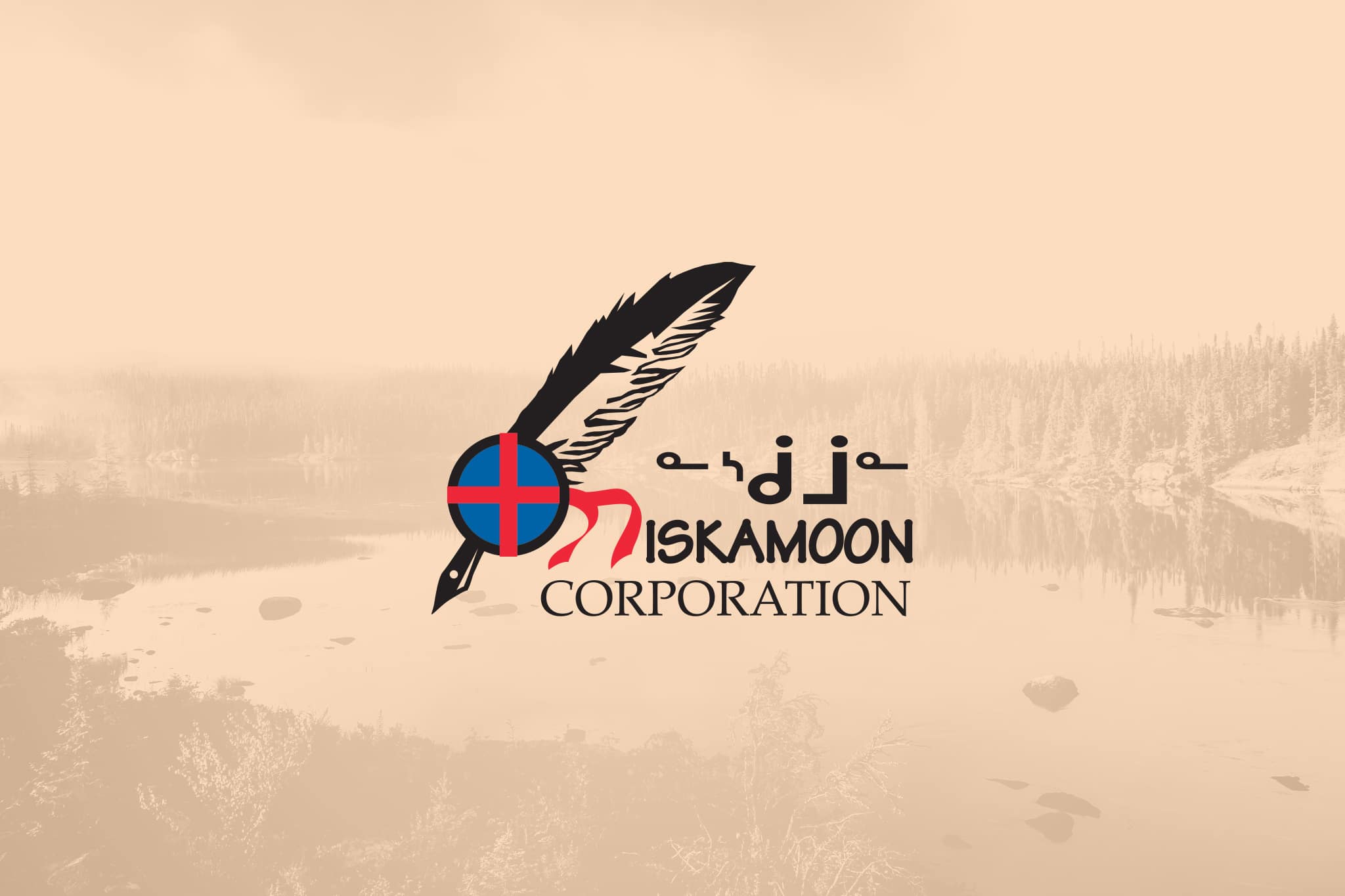 A logo for "Niskamoon Corporation," inspired by Waskaganish, featuring a feather, a red and blue circle, stylised text, and syllabics set against a sepia-toned forested lake—perfect for a Board of Directors Meeting.