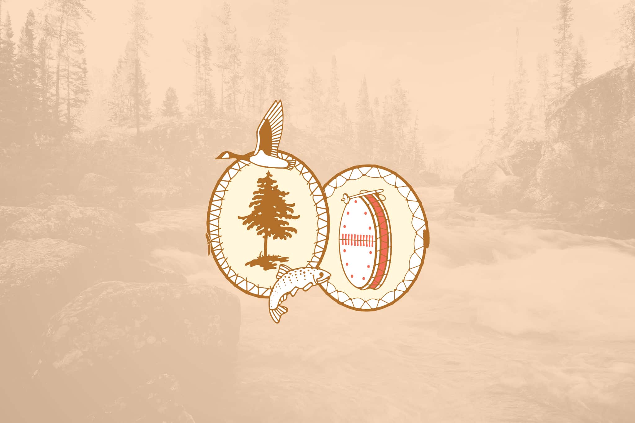 A graphic for the GCCEI Annual General Assembly features two hand drums: one with a tree and bird on top, the other with a fish below and a laced pattern, set against a faded forest and river background.